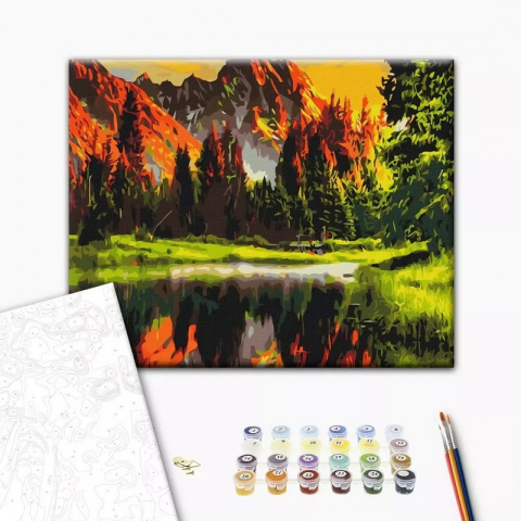 Art & Craft si Artizanat - Set Pictura pe numere 40x50cm, Brushme - Apus de soare la munte - panza, cadru de lemn, pensule, culori acrilice, BS3348