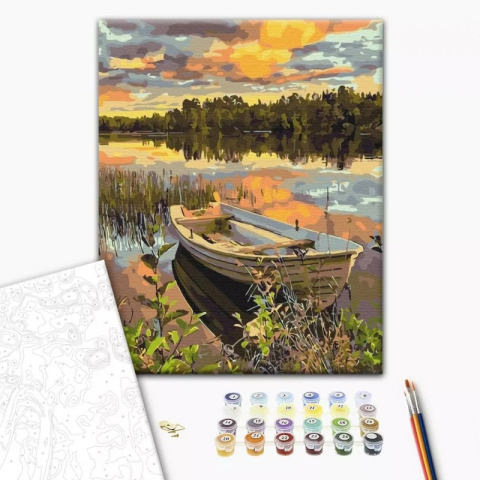 Art & Craft si Artizanat - Set Pictura pe numere 40x50cm, Brushme - Barca pe lac - panza, cadru de lemn, pensule, culori acrilice, BS51980