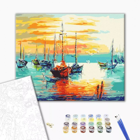 Art & Craft si Artizanat - Set Pictura pe numere 40x50cm, Brushme - Barci pe mare - panza, cadru de lemn, pensule, culori acrilice, BS52196
