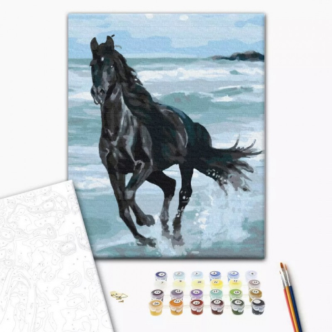 Art & Craft si Artizanat - Set Pictura pe numere 40x50cm, Brushme - Calul alearga in mare - panza, cadru de lemn, pensule, culori acrilice, BS29330