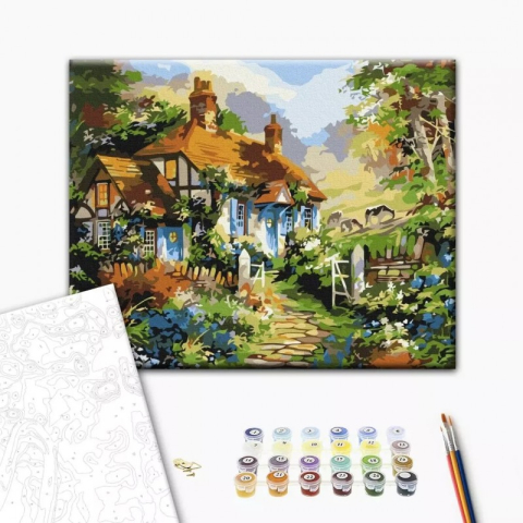 Art & Craft si Artizanat - Set Pictura pe numere 40x50cm, Brushme - Casa in padure - panza, cadru de lemn, pensule, culori acrilice, BS51879