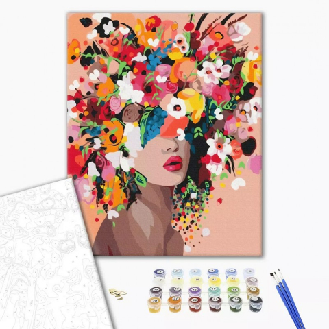 Art & Craft si Artizanat - Set Pictura pe numere 40x50cm, Brushme - Coafura femeie cu flori - panza, cadru de lemn, pensule, culori acrilice, BS41053