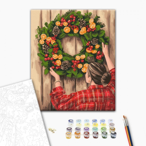 Art & Craft si Artizanat - Set pictura pe numere 40x50cm, Brushme - Decor festiv de Craciun, coronita - pensule, culori, BS52806