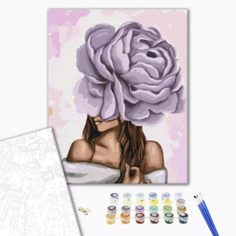 Art & Craft si Artizanat - Set Pictura pe numere 40x50cm, Brushme - Doamna cu bujor violet - panza, cadru de lemn, pensule, culori acrilice, BS37546