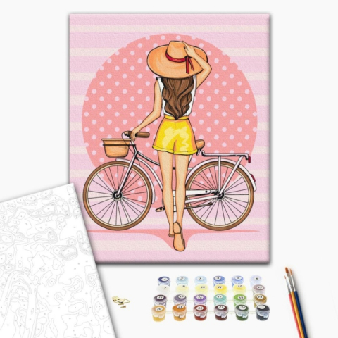 Art & Craft si Artizanat - Set pictura pe numere 40x50cm, Brushme - Fata cu bicicleta - pensule, culori, RBS51341