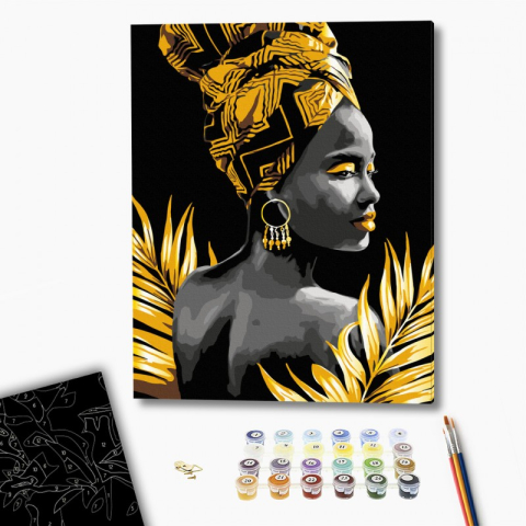 Art & Craft si Artizanat - Set pictura pe numere 40x50cm, Brushme - Femeia din Africa - panza neagra, pensule, culori, BSB0013