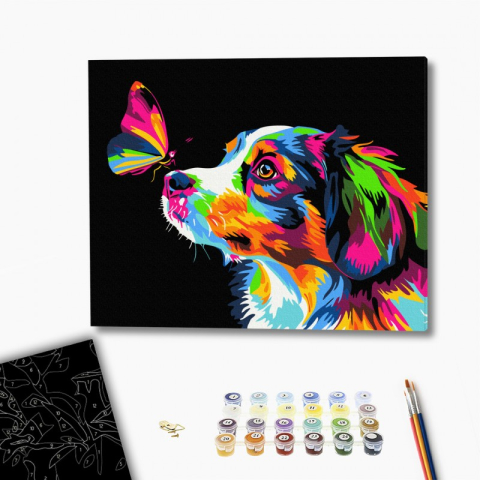 Art & Craft si Artizanat - Set pictura pe numere 40x50cm, Brushme - Fluture si Caine colorat - panza neagra, pensule, culori, BSB0029