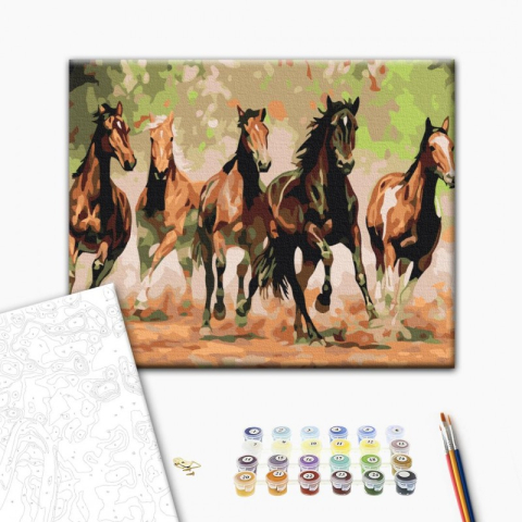 Art & Craft si Artizanat - Set pictura pe numere 40x50cm, Brushme - Herghelie de cai - pensule, culori, BS8288