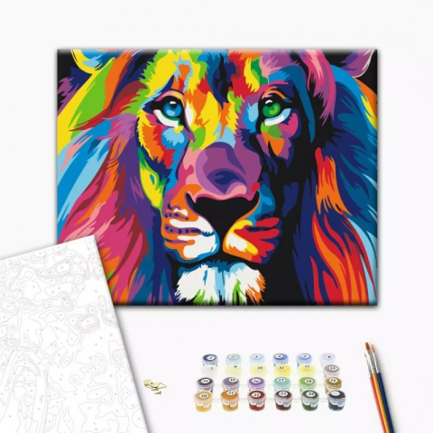 Art & Craft si Artizanat - Set Pictura pe numere 40x50cm, Brushme - Leu colorat - panza, cadru de lemn, pensule, culori acrilice, BS8999