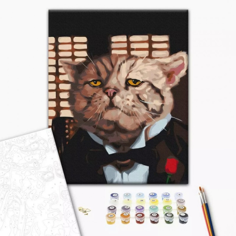 Art & Craft si Artizanat - Set Pictura pe numere 40x50cm, Brushme - Motanul mafiot - panza, cadru de lemn, pensule, culori acrilice, BS53512