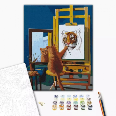 Art & Craft si Artizanat - Set Pictura pe numere 40x50cm, Brushme - Motanul pictor - panza, cadru de lemn, pensule, culori acrilice, BS53459