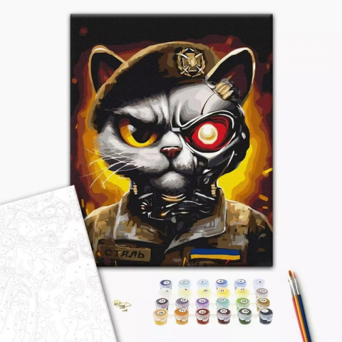 Art & Craft si Artizanat - Set Pictura pe numere 40x50cm, Brushme - Motanul soldat - panza, cadru de lemn, pensule, culori acrilice, BS53419