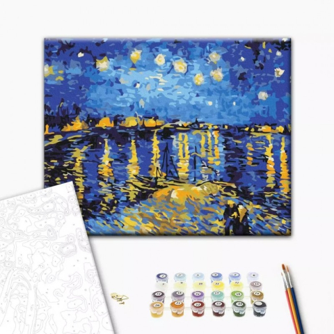 Art & Craft si Artizanat - Set Pictura pe numere 40x50cm, Brushme - Noapte instelata la Rohne, Van Gogh - panza, cadru lemn, pensule, culori, BS323