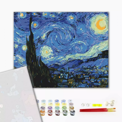 Art & Craft si Artizanat - Set pictura pe numere 40x50cm, Brushme - Noaptea instelata - pensule, culori, BS4756
