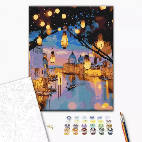 Art & Craft si Artizanat - Set Pictura pe numere 40x50cm, Brushme - Noaptea la Venetia - panza, cadru de lemn, pensule, culori acrilice, BS24915