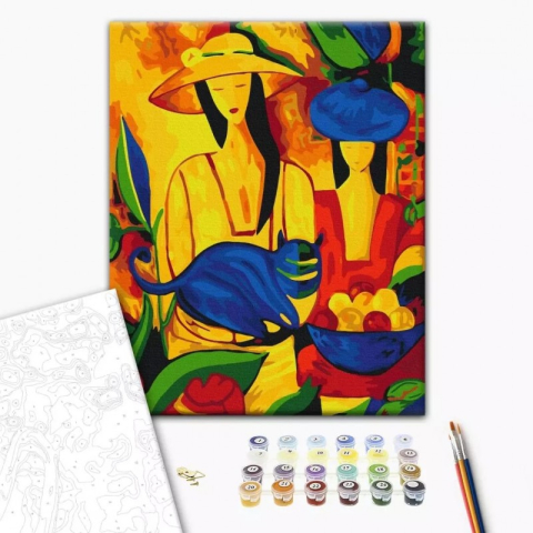 Art & Craft si Artizanat - Set Pictura pe numere 40x50cm, Brushme - Pictura abstracta, femei cu pisica - panza, cadru lemn, pensule, culori, BS51985