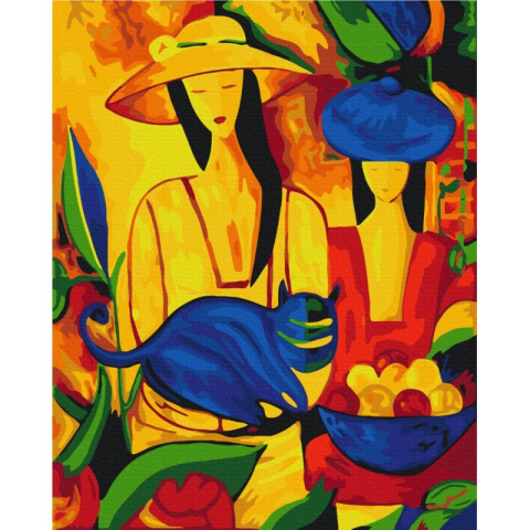 Set Pictura pe numere 40x50cm, Brushme - Pictura abstracta, femei cu pisica - panza, cadru lemn, pensule, culori, BS51985 [1]