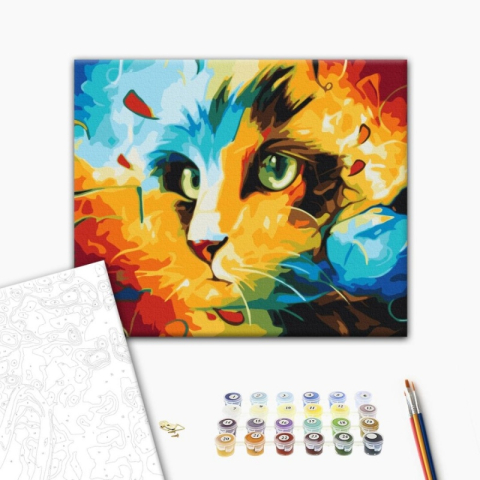 Art & Craft si Artizanat - Set pictura pe numere 40x50cm, Brushme - Pisica in culori - pensule, culori, BS51413