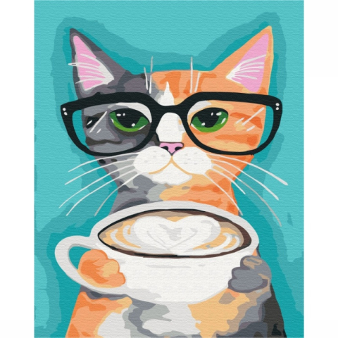 Set pictura pe numere 40x50cm, Brushme - Pisica la o cafea - pensule, culori, BS22698 [1]