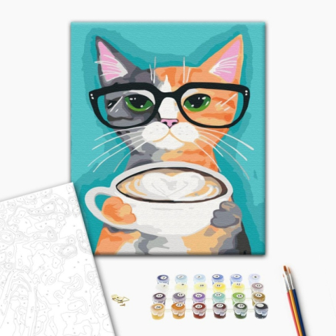 Art & Craft si Artizanat - Set pictura pe numere 40x50cm, Brushme - Pisica la o cafea - pensule, culori, BS22698