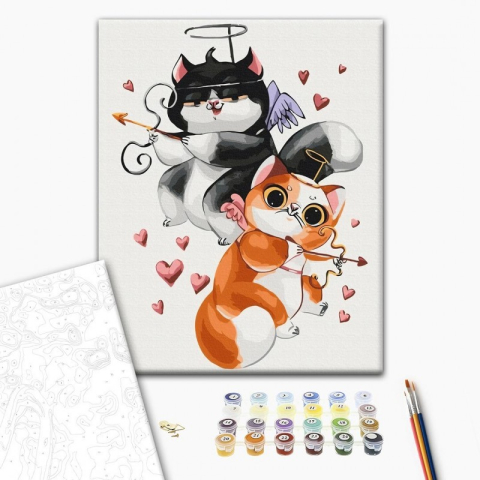 Art & Craft si Artizanat - Set Pictura pe numere 40x50cm, Brushme - Pisicutele cupidon - panza, cadru de lemn, pensule, culori acrilice, BS53776