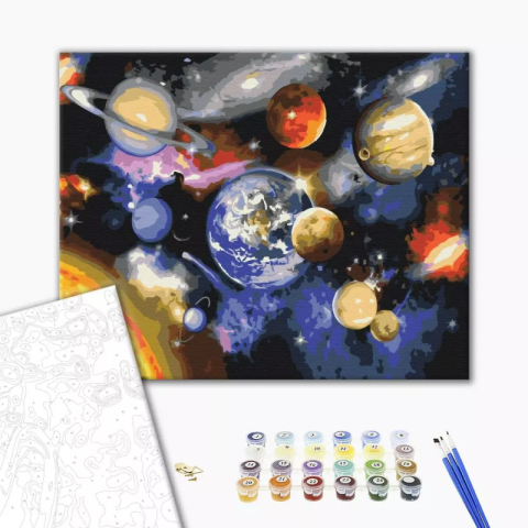 Art & Craft si Artizanat - Set pictura pe numere 40x50cm, Brushme - Planetele in galaxie - pensule, culori, BS22268