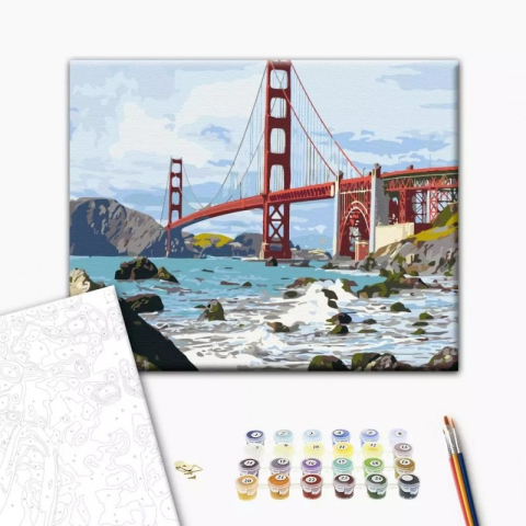 Art & Craft si Artizanat - Set Pictura pe numere 40x50cm, Brushme - Podul San Francisco - panza, cadru de lemn, pensule, culori acrilice, BS7979