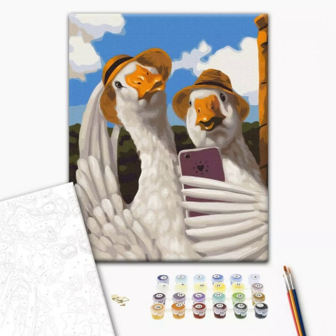 Art & Craft si Artizanat - Set Pictura pe numere 40x50cm, Brushme - Selfie 2 Lebede - panza, cadru de lemn, pensule, culori acrilice, BS53505
