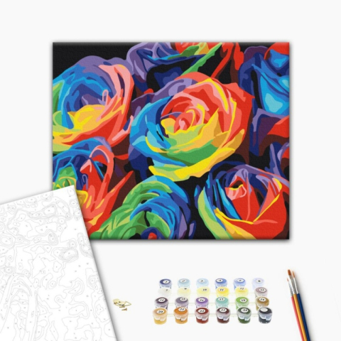 Art & Craft si Artizanat - Set pictura pe numere 40x50cm, Brushme - Trandafiri curcubeu - pensule, culori, BS057