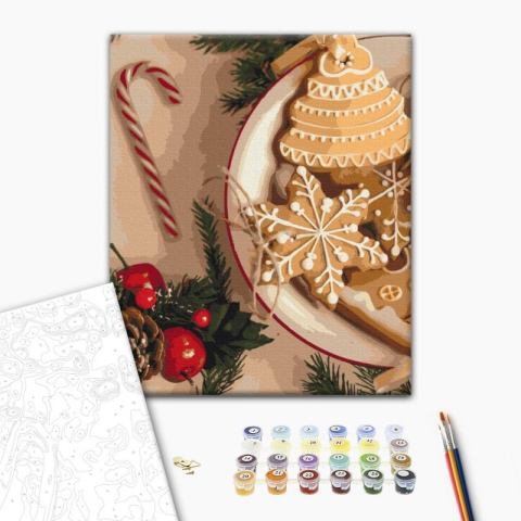 Art & Craft si Artizanat - Set pictura pe numere 40x50cm, Brushme - Turta dulce, motive Craciun - pensule, culori, BS52505