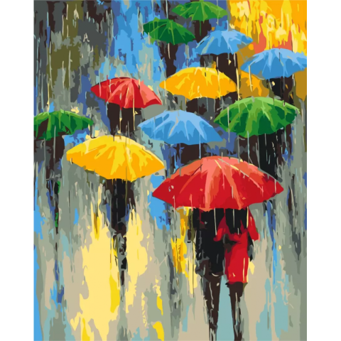 Set pictura pe numere 40x50cm, Brushme - Umbrele in ploaie - pensule, culori, BS53048 [1]