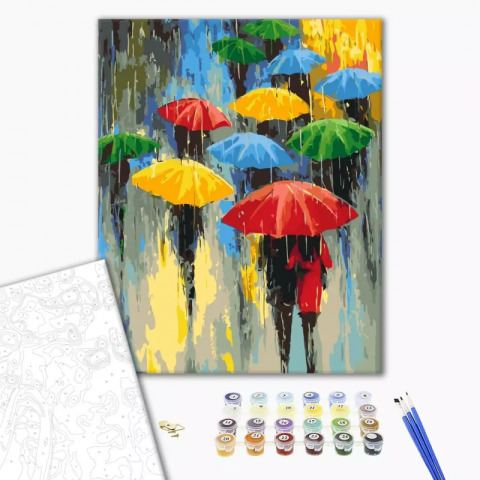Art & Craft si Artizanat - Set pictura pe numere 40x50cm, Brushme - Umbrele in ploaie - pensule, culori, BS53048