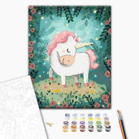 Art & Craft si Artizanat - Set pictura pe numere 40x50cm, Brushme - Unicorn - pensule, culori, BS43586