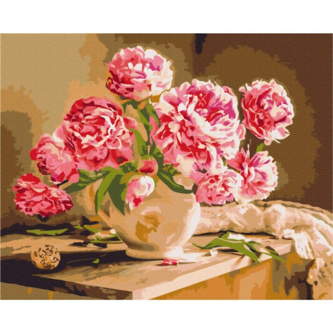 Set Pictura pe numere 40x50cm, Brushme - Vaza cu bujori - panza, cadru de lemn, pensule, culori acrilice, BS52704 [1]