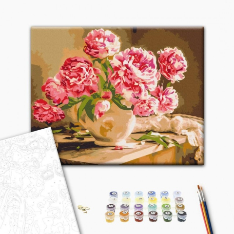 Seturi colorat, pictură și desen - Set Pictura pe numere 40x50cm, Brushme - Vaza cu bujori - panza, cadru de lemn, pensule, culori acrilice, BS52704