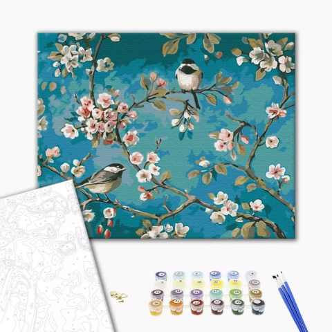 Art & Craft si Artizanat - Set pictura pe numere 40x50cm, Brushme - Vrabiute pe ramuri - pensule, culori, BS435