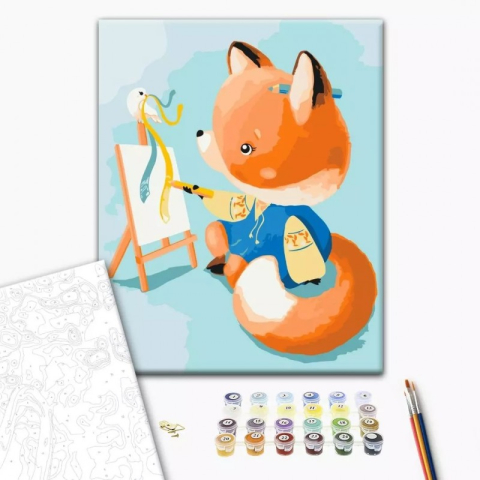 Art & Craft si Artizanat - Set Pictura pe numere 40x50cm, Brushme - Vulpe care picteaza - panza, cadru de lemn, pensule, culori acrilice, BS53156