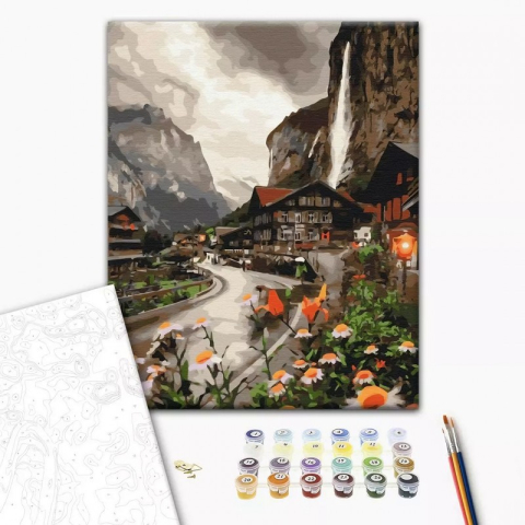 Art & Craft si Artizanat - Set Pictura pe numere 40x50cm, Brushme - Zona montana in Elvetia - panza, cadru de lemn, pensule, culori acrilice, BS36527