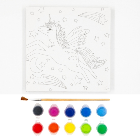 Art & Craft si Artizanat - Set pictura pe panza imprimata 15.5x15.5cm, Unicorn - acuarele, pensula, cadru de lemn, Colorarte, MY16