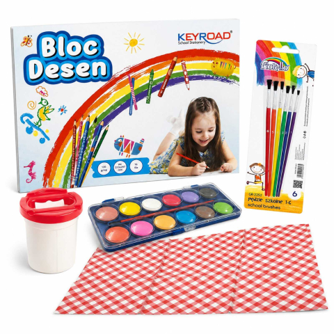 Acuarele, Tempera, Pensule si Blocuri de desen - Set Pictura cu Bloc Desen, Protectie Masa, Acuarele si Pensule