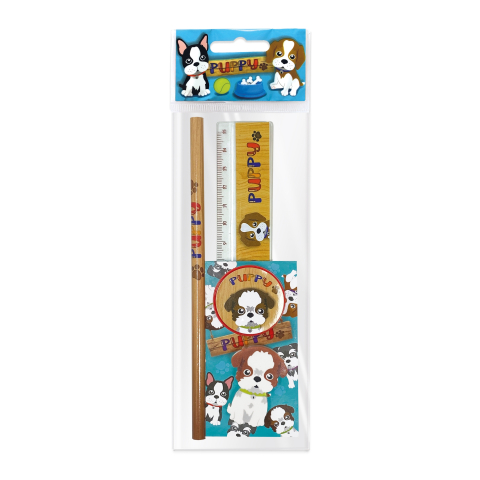 Rechizite Școlare - Set scolar Puppy (1 radiera, 1 ascutitoare, 1 rigla de 15 cm, 1 creion, 1 mini blocnotes), copii varsta 3 ani+,6 ani+,8 ani+