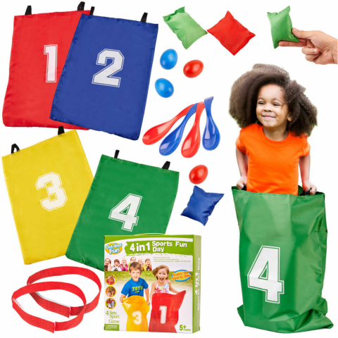 Jucării și Jocuri pentru copii - Set sportiv 4 in 1 pentru copii, joc saci cu oua si linguri