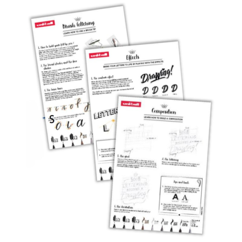 Set UNI PIN Lettering Starter Case, 8 linere + 1 creion mecanic Shalaku S + 3 sabloane [1]