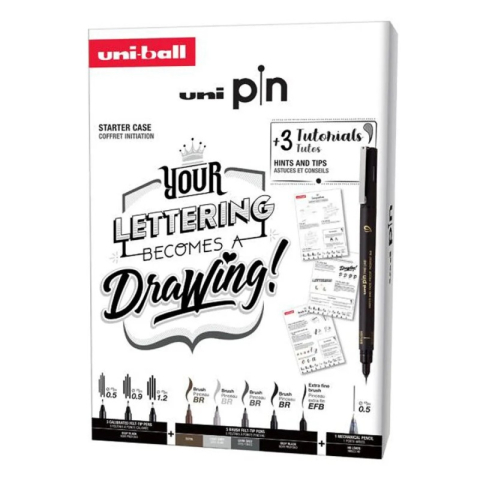 Rechizite Școlare - Set UNI PIN Lettering Starter Case, 8 linere + 1 creion mecanic Shalaku S + 3 sabloane