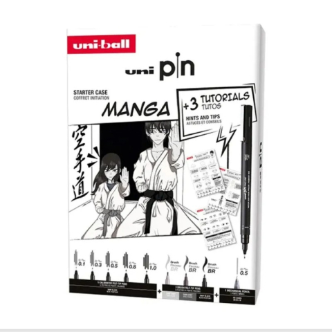 Rechizite Școlare - Set UNI PIN Manga Starter Case, 8 linere + 1 creion mecanic Shalaku S + 3 sabloane