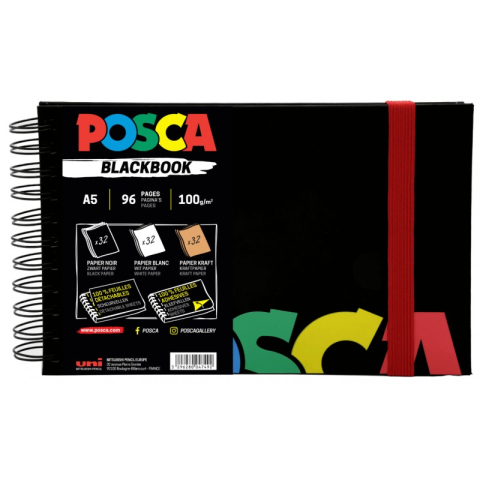 Cărți Educative, Activități - Sketchbook UNI Posca A5, 96 pag, 3 tipuri hartie, 100g/m2 – Alb Negru Kraft