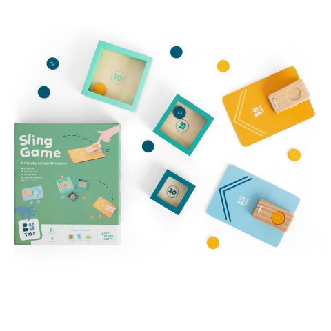 Jocuri de Masa, Societate, Cooperare si Boardgames - Sling game, joc cu lansatoare si jetoane din lemn, 6+ ani