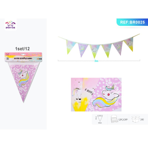 Bannere si ghirlande decorative - Stegulete petrecere PartyGo triunghi, 3m, imprimeu unicorn, BR0025
