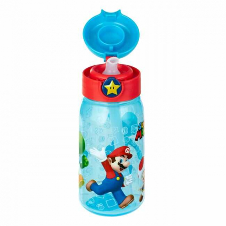 Sticla de apa copii, bidon cu pai, 500 ml, Super Mario, Transparenta Bleu, Pop Up, pentru scoala si gradinita [3]