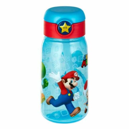 Sticlă de apă și Bidoane - Sticla de apa copii, bidon cu pai, 500 ml, Super Mario, Transparenta Bleu, Pop Up, pentru scoala si gradinita